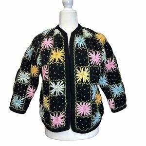 Crocheted Jacket Vtg. Virgin Wool Women L Granny Square Knit Quilt Cardigan VTG.
